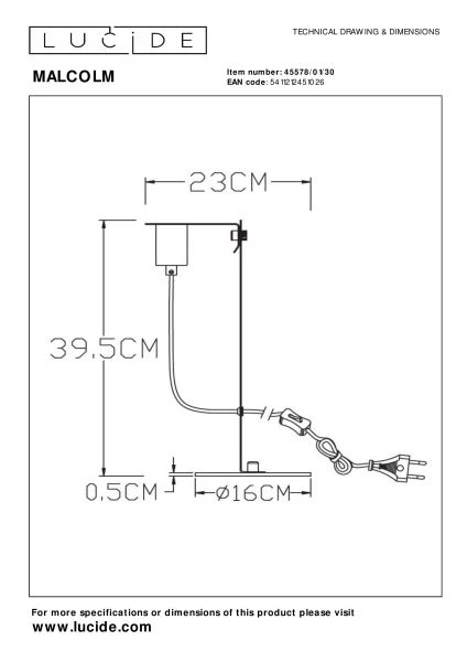 Lucide MALCOLM - Tischlampe - Ø 23 cm - 1xE27 - Schwarz - Technisch